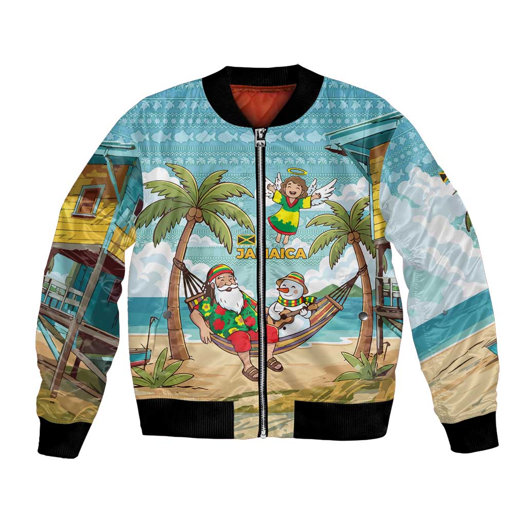 Jamaica Christmas Bomber Jacket with Rasta Santa Snowman Hammock Angel Palm Trees and Tropical Beach Design - Wonder Print Shop