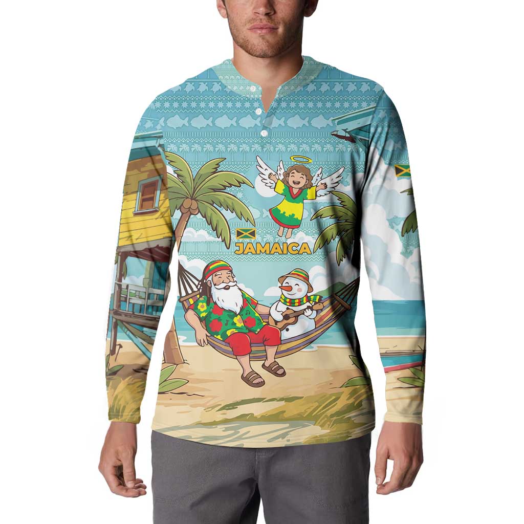 Jamaica Christmas Button Sweatshirt with Rasta Santa Snowman Hammock Angel Palm Trees and Tropical Beach Design - Wonder Print Shop