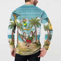 Jamaica Christmas Button Sweatshirt with Rasta Santa Snowman Hammock Angel Palm Trees and Tropical Beach Design - Wonder Print Shop