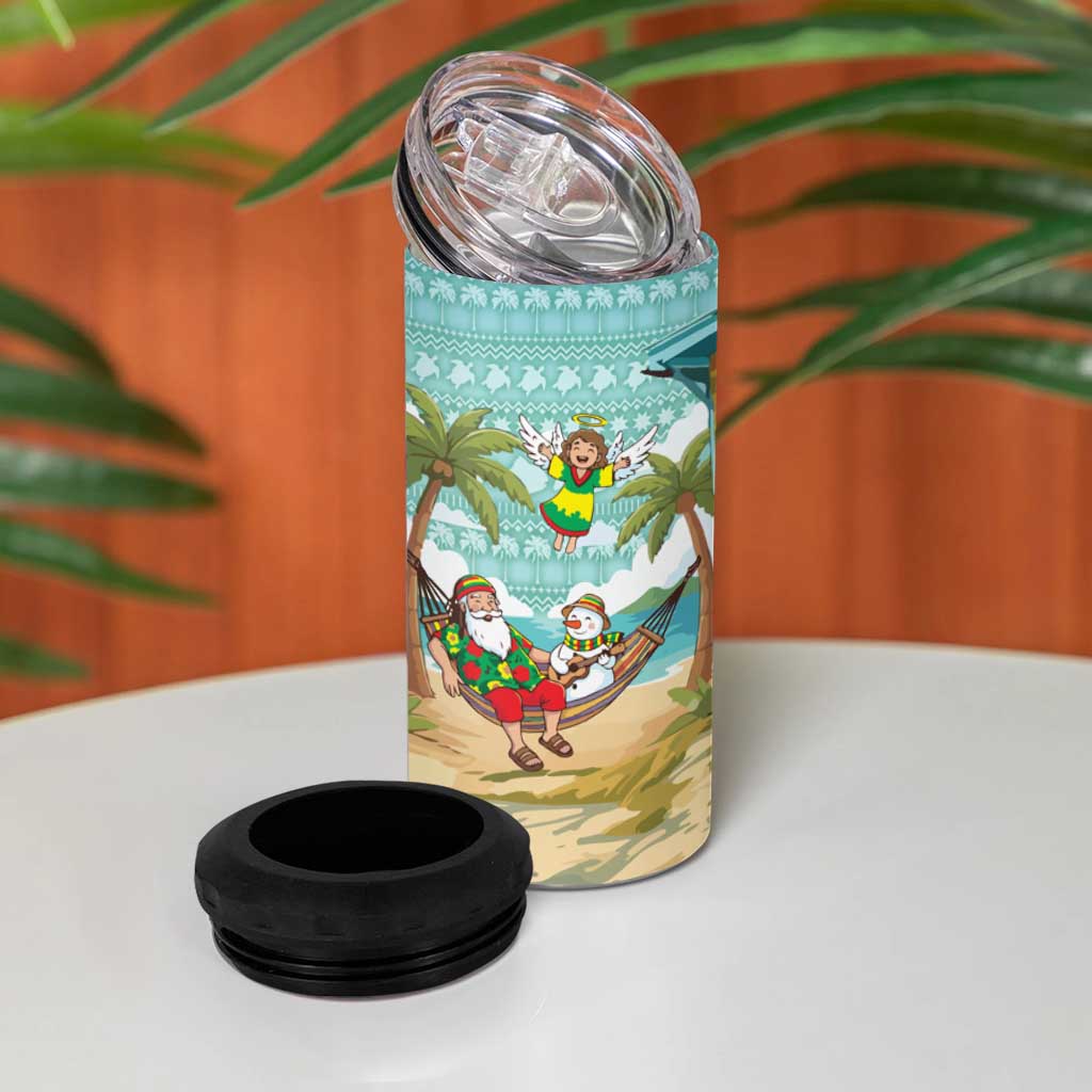 Jamaica Christmas 4 in 1 Can Cooler Tumbler with Rasta Santa Snowman Hammock Angel Palm Trees and Tropical Beach Design - Wonder Print Shop