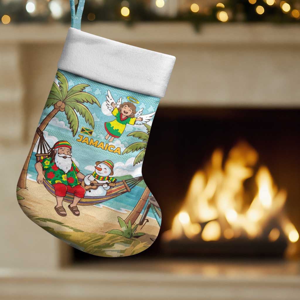 Jamaica Christmas Stocking with Rasta Santa Snowman Hammock Angel Palm Trees and Tropical Beach Design - Wonder Print Shop