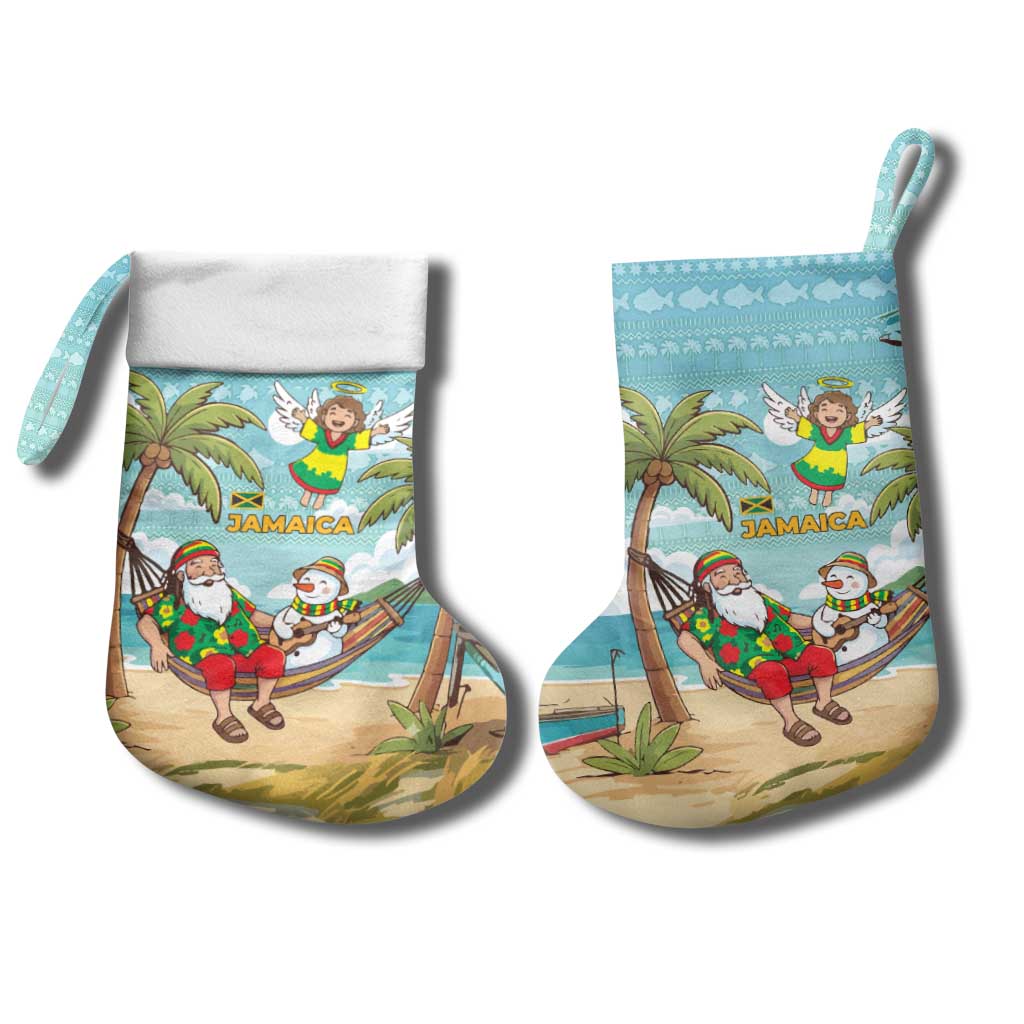 Jamaica Christmas Stocking with Rasta Santa Snowman Hammock Angel Palm Trees and Tropical Beach Design - Wonder Print Shop
