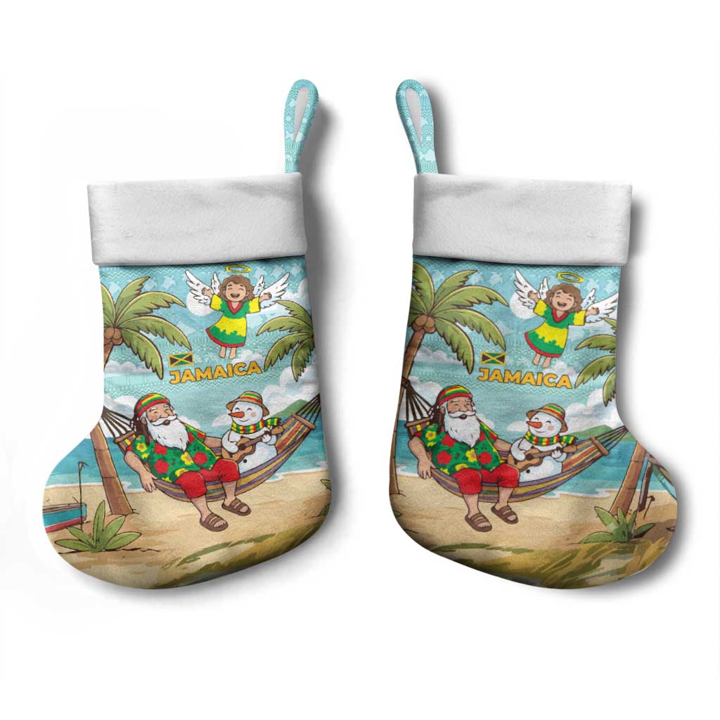 Jamaica Christmas Stocking with Rasta Santa Snowman Hammock Angel Palm Trees and Tropical Beach Design - Wonder Print Shop