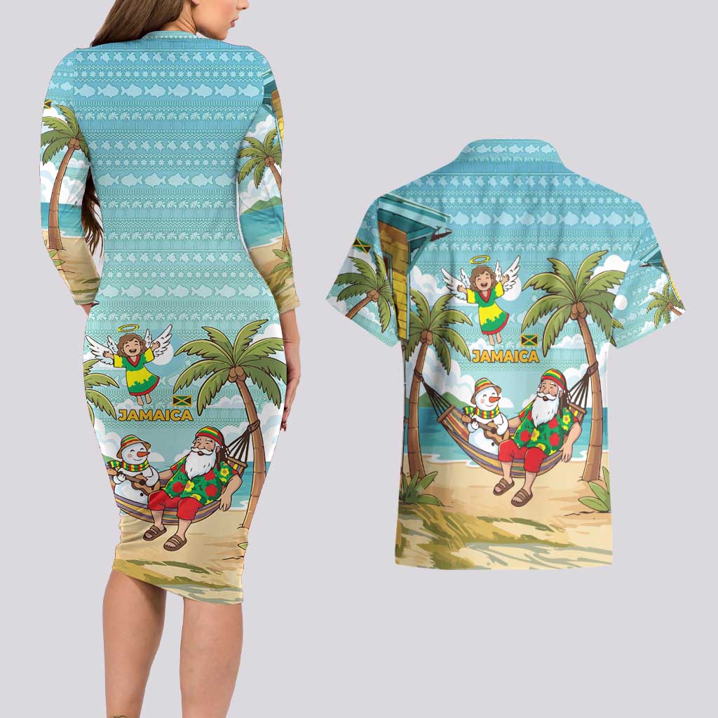 Jamaica Christmas Couples Matching Long Sleeve Bodycon Dress and Hawaiian Shirt with Rasta Santa Snowman Hammock Angel Palm Trees and Tropical Beach Design - Wonder Print Shop