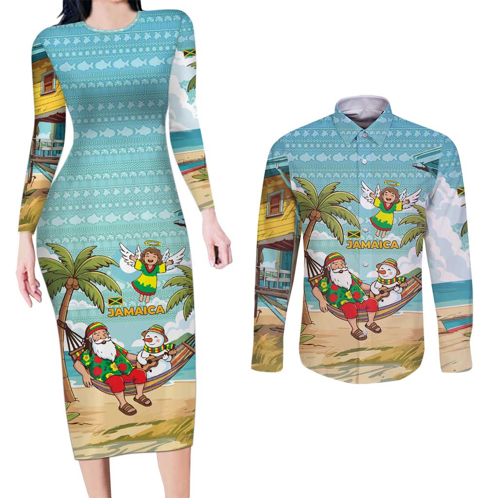 Jamaica Christmas Couples Matching Long Sleeve Bodycon Dress and Long Sleeve Button Shirt with Rasta Santa Snowman Hammock Angel Palm Trees and Tropical Beach Design - Wonder Print Shop