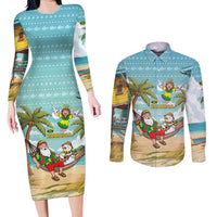Jamaica Christmas Couples Matching Long Sleeve Bodycon Dress and Long Sleeve Button Shirt with Rasta Santa Snowman Hammock Angel Palm Trees and Tropical Beach Design - Wonder Print Shop