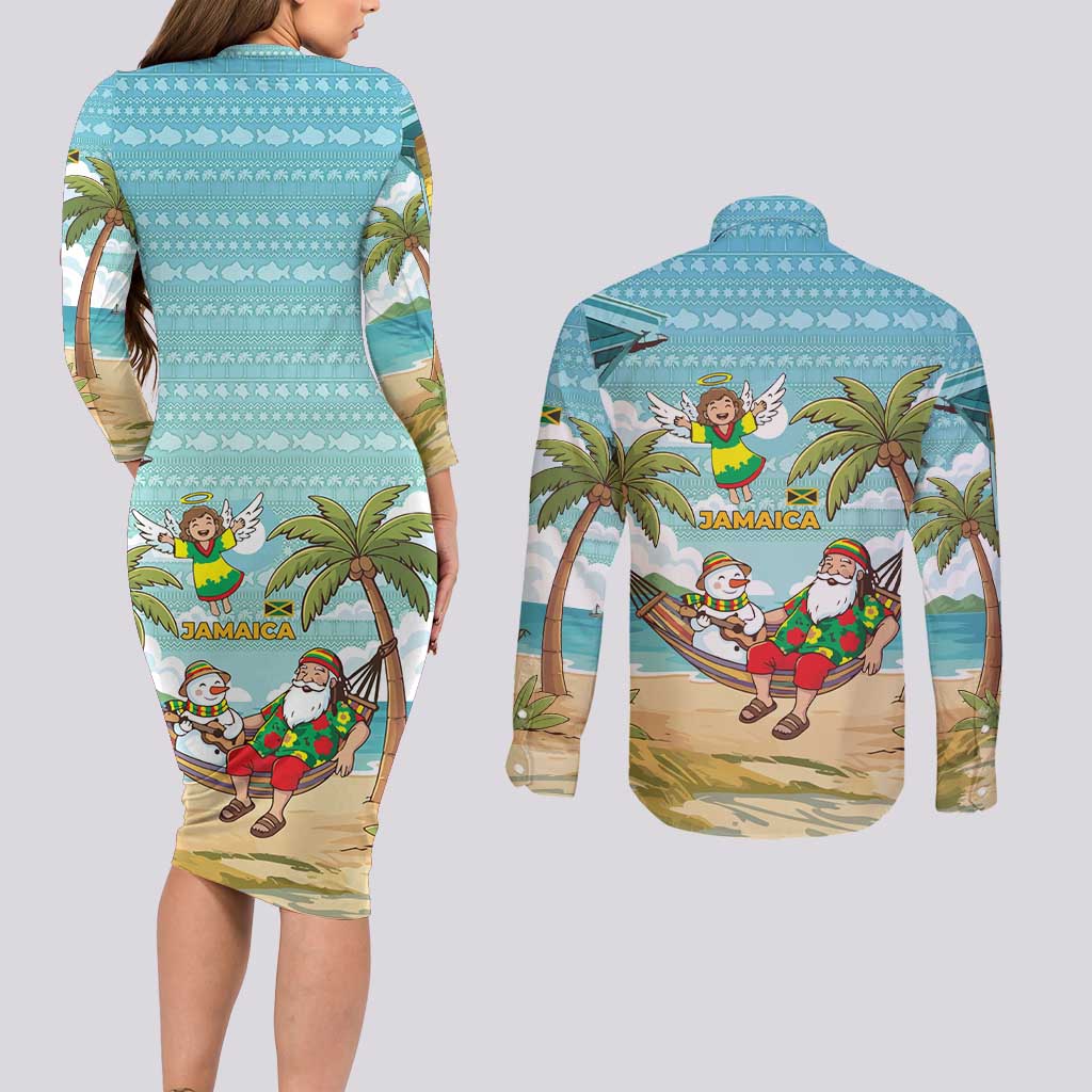 Jamaica Christmas Couples Matching Long Sleeve Bodycon Dress and Long Sleeve Button Shirt with Rasta Santa Snowman Hammock Angel Palm Trees and Tropical Beach Design - Wonder Print Shop