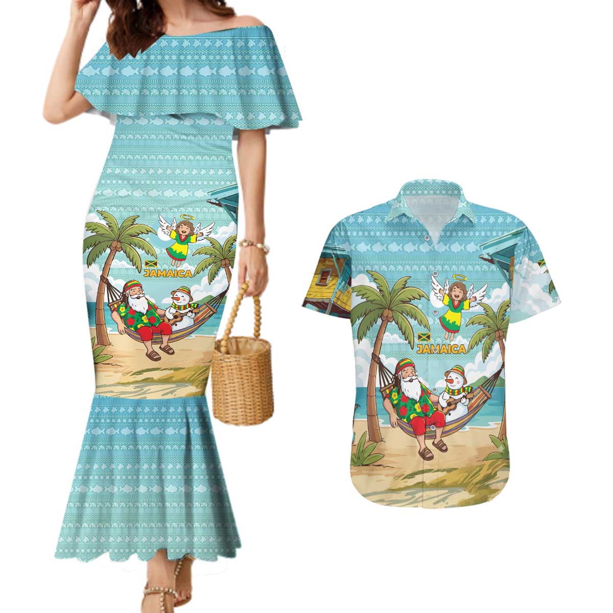 Jamaica Christmas Couples Matching Mermaid Dress and Hawaiian Shirt with Rasta Santa Snowman Hammock Angel Palm Trees and Tropical Beach Design - Wonder Print Shop