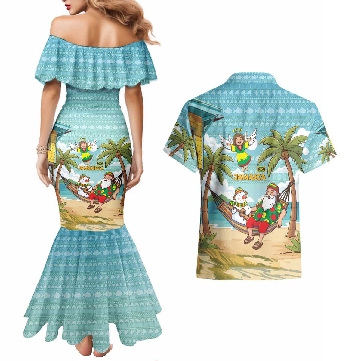 Jamaica Christmas Couples Matching Mermaid Dress and Hawaiian Shirt with Rasta Santa Snowman Hammock Angel Palm Trees and Tropical Beach Design - Wonder Print Shop