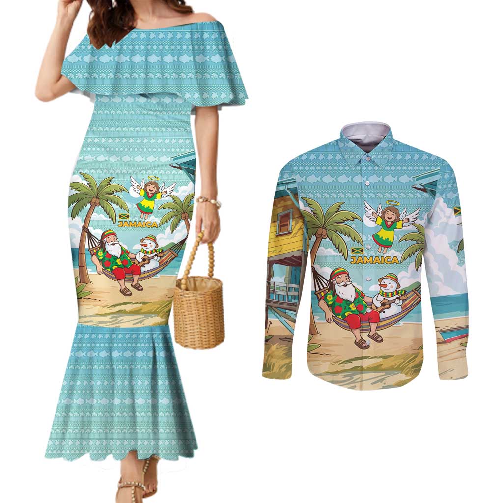 Jamaica Christmas Couples Matching Mermaid Dress and Long Sleeve Button Shirt with Rasta Santa Snowman Hammock Angel Palm Trees and Tropical Beach Design - Wonder Print Shop