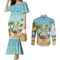 Jamaica Christmas Couples Matching Mermaid Dress and Long Sleeve Button Shirt with Rasta Santa Snowman Hammock Angel Palm Trees and Tropical Beach Design - Wonder Print Shop