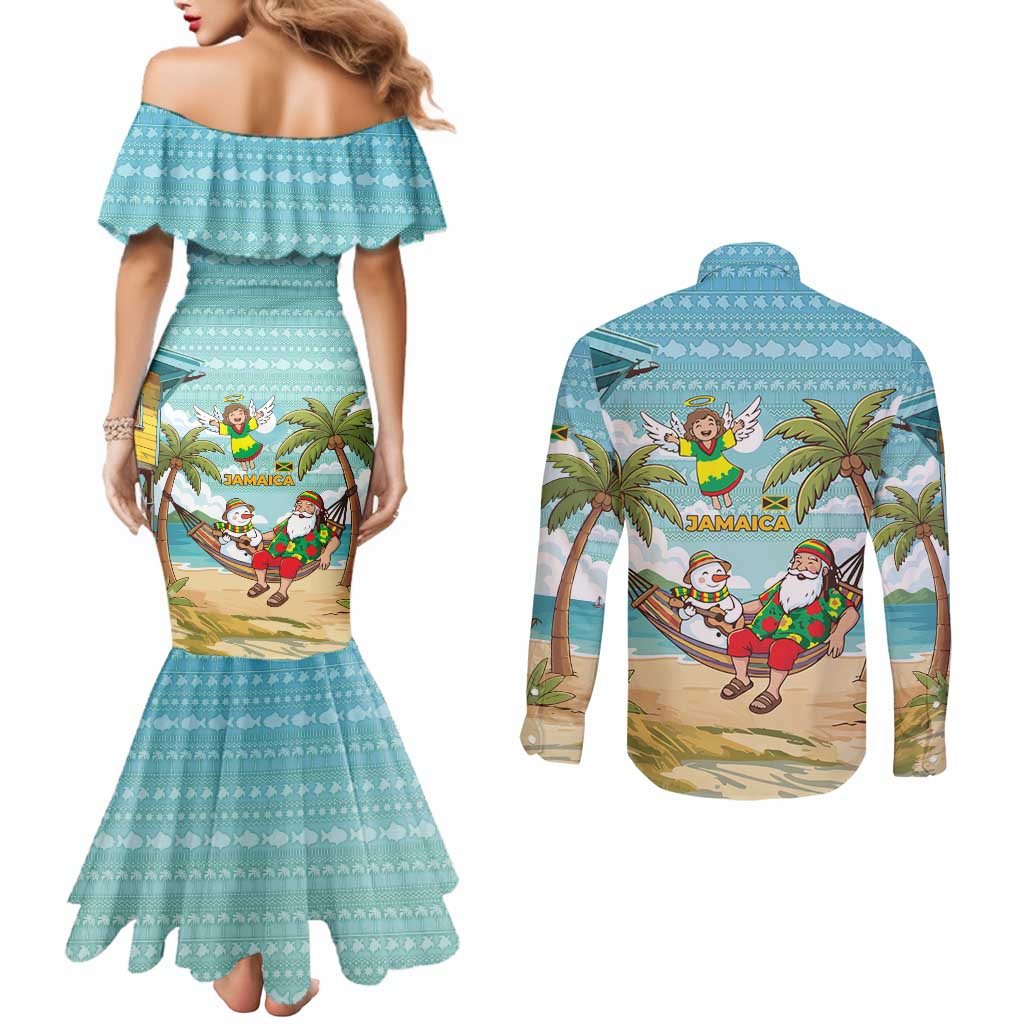 Jamaica Christmas Couples Matching Mermaid Dress and Long Sleeve Button Shirt with Rasta Santa Snowman Hammock Angel Palm Trees and Tropical Beach Design - Wonder Print Shop