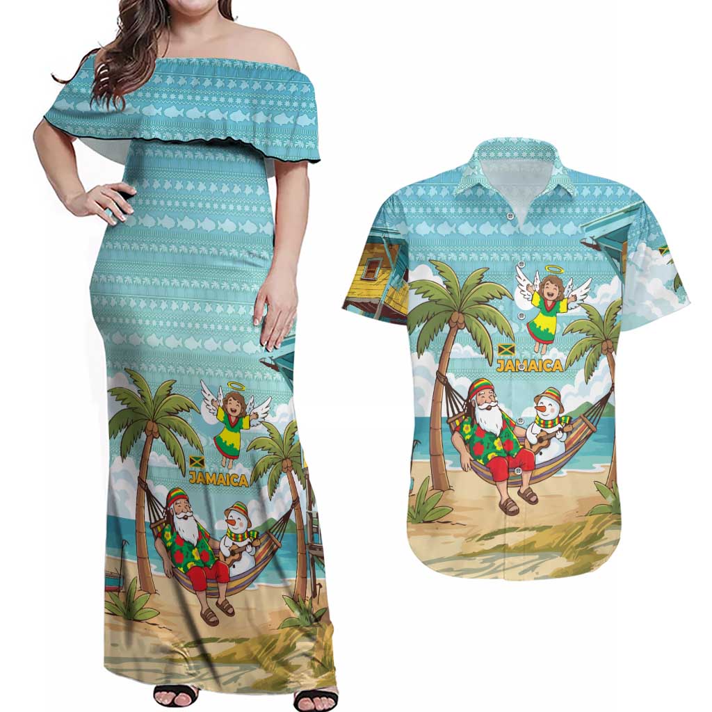 Jamaica Christmas Couples Matching Off Shoulder Maxi Dress and Hawaiian Shirt with Rasta Santa Snowman Hammock Angel Palm Trees and Tropical Beach Design - Wonder Print Shop