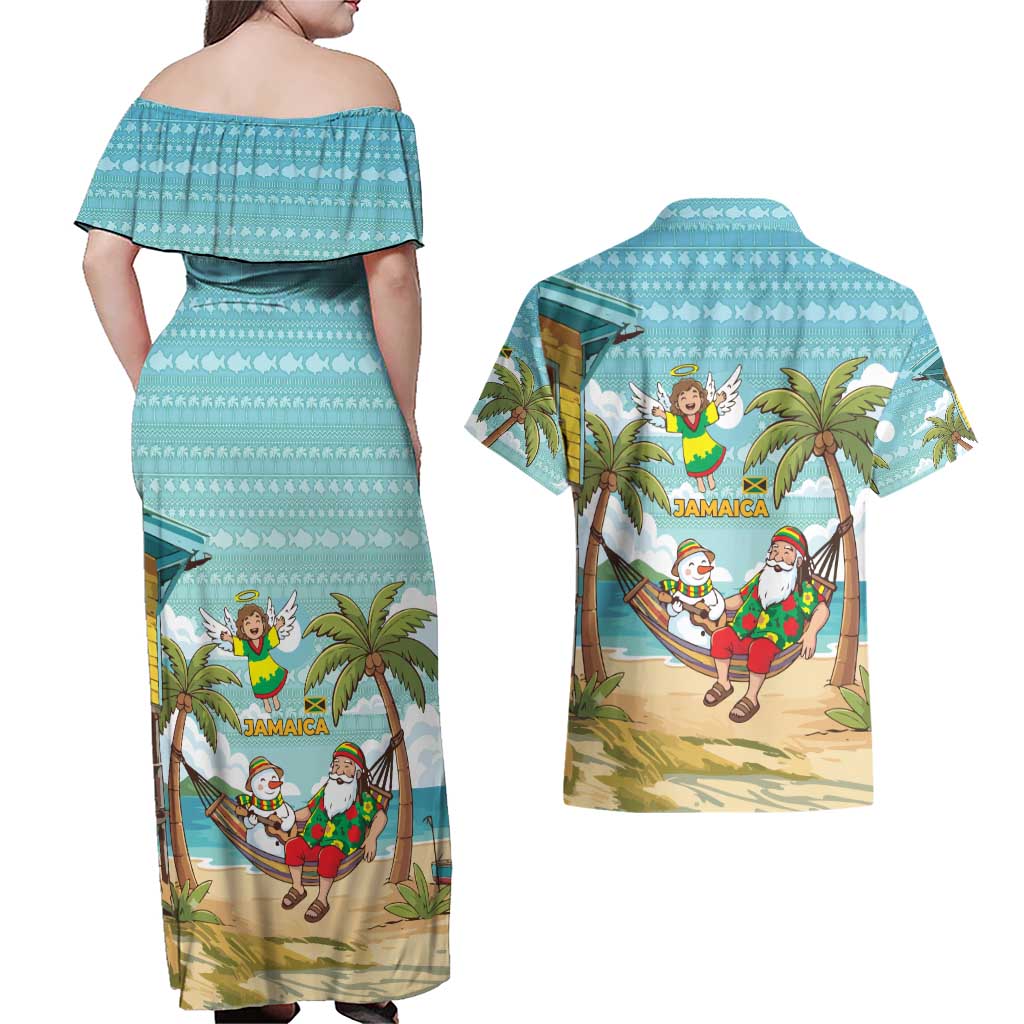 Jamaica Christmas Couples Matching Off Shoulder Maxi Dress and Hawaiian Shirt with Rasta Santa Snowman Hammock Angel Palm Trees and Tropical Beach Design - Wonder Print Shop