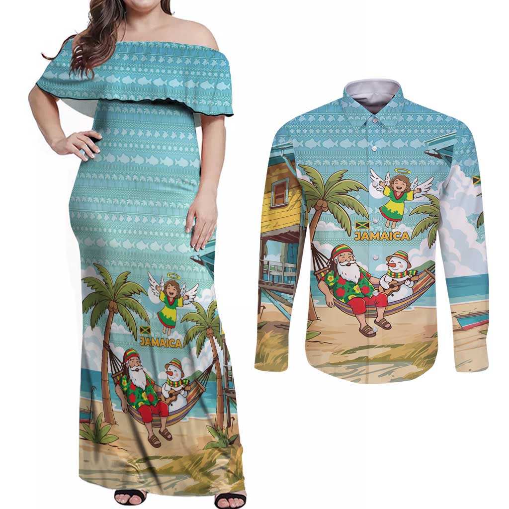 Jamaica Christmas Couples Matching Off Shoulder Maxi Dress and Long Sleeve Button Shirt with Rasta Santa Snowman Hammock Angel Palm Trees and Tropical Beach Design - Wonder Print Shop