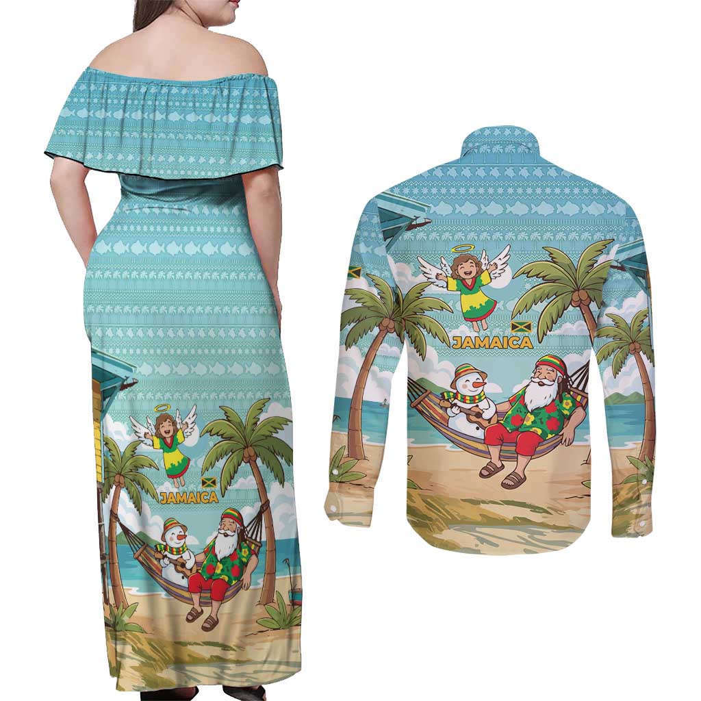 Jamaica Christmas Couples Matching Off Shoulder Maxi Dress and Long Sleeve Button Shirt with Rasta Santa Snowman Hammock Angel Palm Trees and Tropical Beach Design - Wonder Print Shop