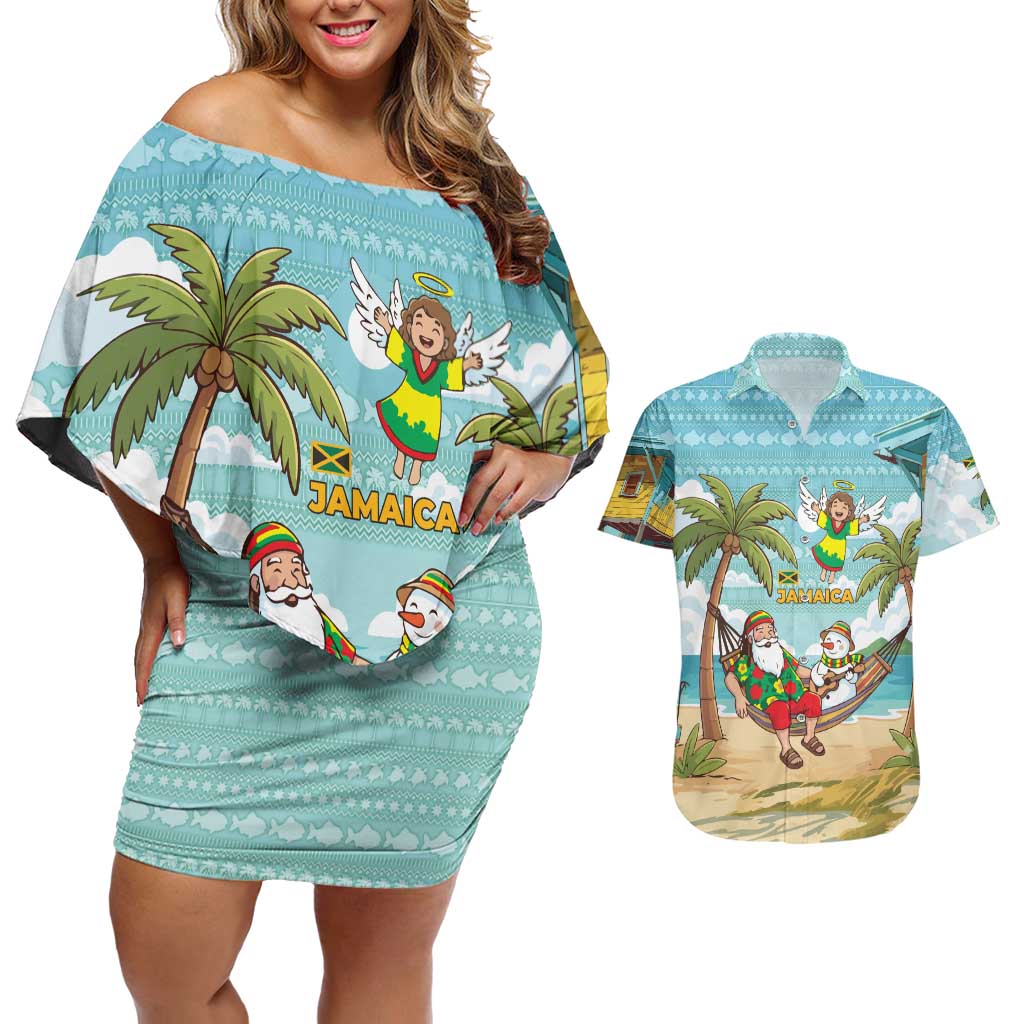 Jamaica Christmas Couples Matching Off Shoulder Short Dress and Hawaiian Shirt with Rasta Santa Snowman Hammock Angel Palm Trees and Tropical Beach Design - Wonder Print Shop