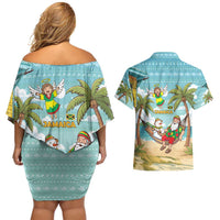 Jamaica Christmas Couples Matching Off Shoulder Short Dress and Hawaiian Shirt with Rasta Santa Snowman Hammock Angel Palm Trees and Tropical Beach Design - Wonder Print Shop