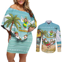 Jamaica Christmas Couples Matching Off Shoulder Short Dress and Long Sleeve Button Shirt with Rasta Santa Snowman Hammock Angel Palm Trees and Tropical Beach Design - Wonder Print Shop