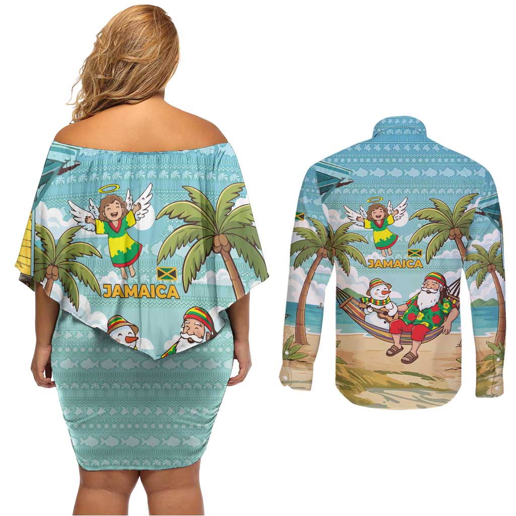 Jamaica Christmas Couples Matching Off Shoulder Short Dress and Long Sleeve Button Shirt with Rasta Santa Snowman Hammock Angel Palm Trees and Tropical Beach Design - Wonder Print Shop