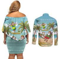 Jamaica Christmas Couples Matching Off Shoulder Short Dress and Long Sleeve Button Shirt with Rasta Santa Snowman Hammock Angel Palm Trees and Tropical Beach Design - Wonder Print Shop