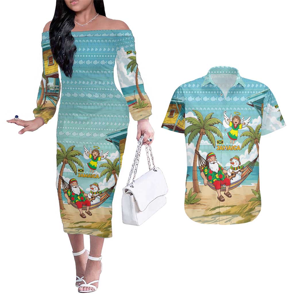 Jamaica Christmas Couples Matching Off The Shoulder Long Sleeve Dress and Hawaiian Shirt with Rasta Santa Snowman Hammock Angel Palm Trees and Tropical Beach Design - Wonder Print Shop