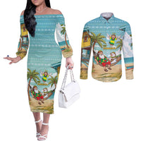 Jamaica Christmas Couples Matching Off The Shoulder Long Sleeve Dress and Long Sleeve Button Shirt with Rasta Santa Snowman Hammock Angel Palm Trees and Tropical Beach Design - Wonder Print Shop