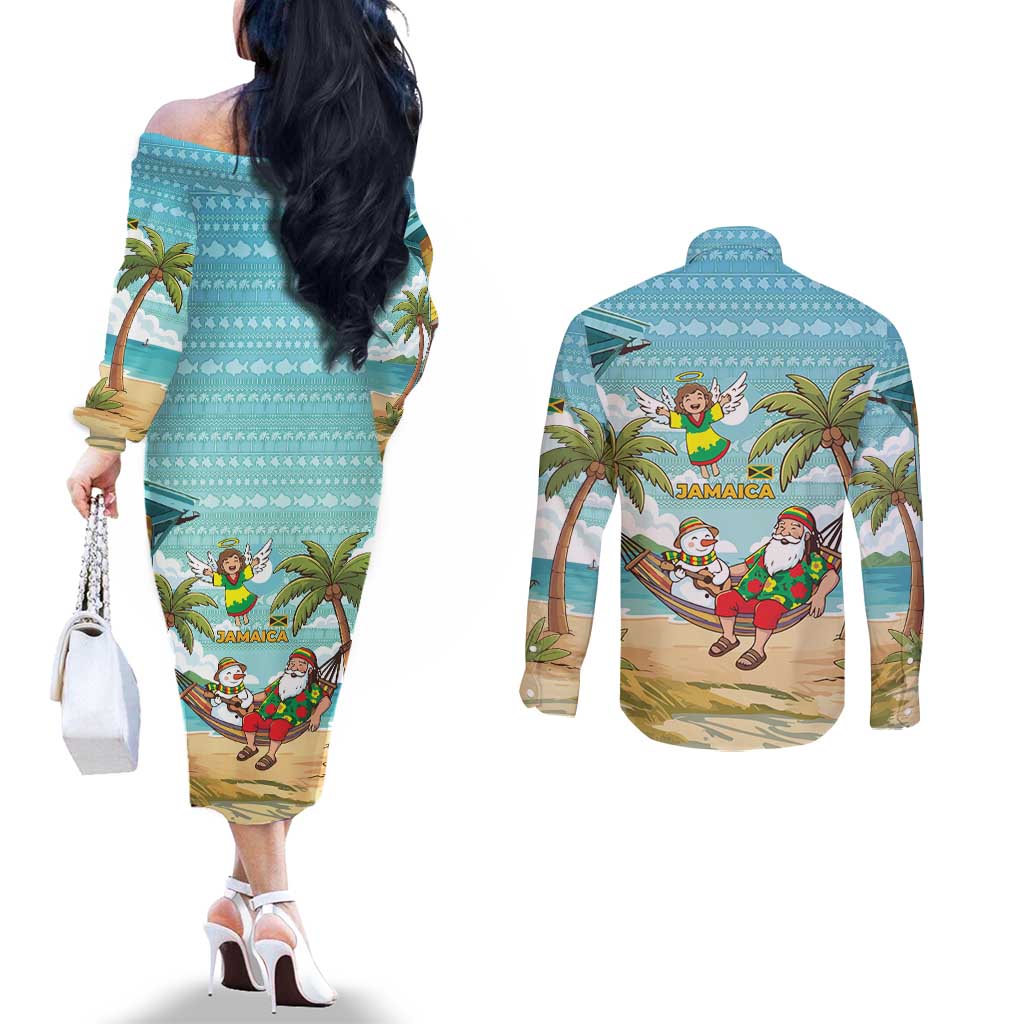 Jamaica Christmas Couples Matching Off The Shoulder Long Sleeve Dress and Long Sleeve Button Shirt with Rasta Santa Snowman Hammock Angel Palm Trees and Tropical Beach Design - Wonder Print Shop