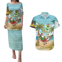 Jamaica Christmas Couples Matching Puletasi and Hawaiian Shirt with Rasta Santa Snowman Hammock Angel Palm Trees and Tropical Beach Design - Wonder Print Shop