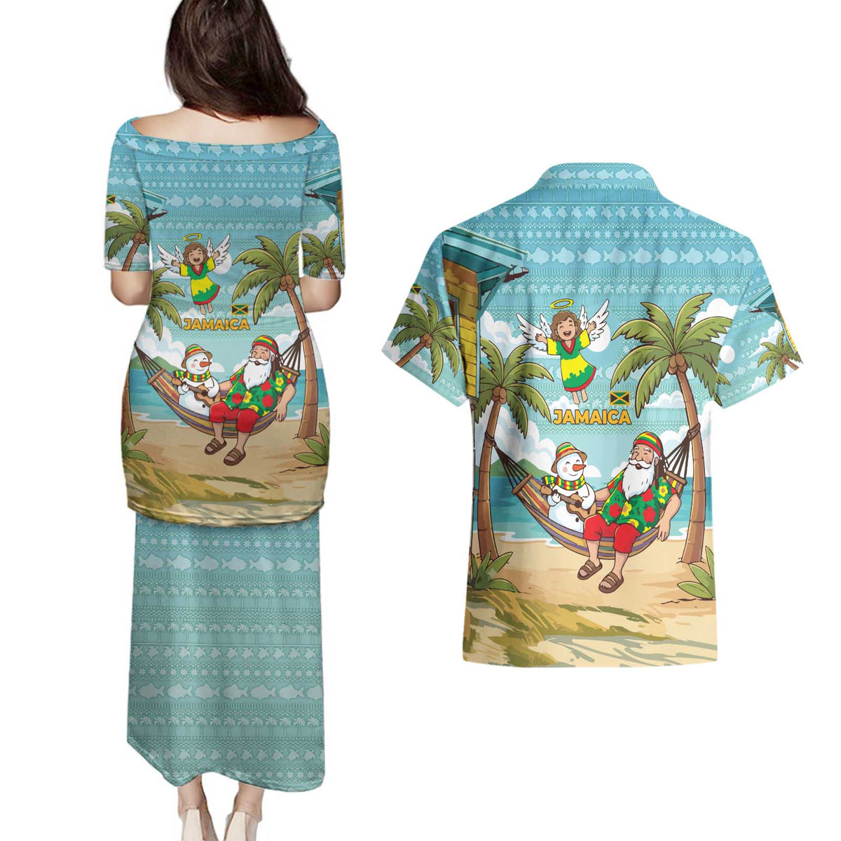 Jamaica Christmas Couples Matching Puletasi and Hawaiian Shirt with Rasta Santa Snowman Hammock Angel Palm Trees and Tropical Beach Design - Wonder Print Shop