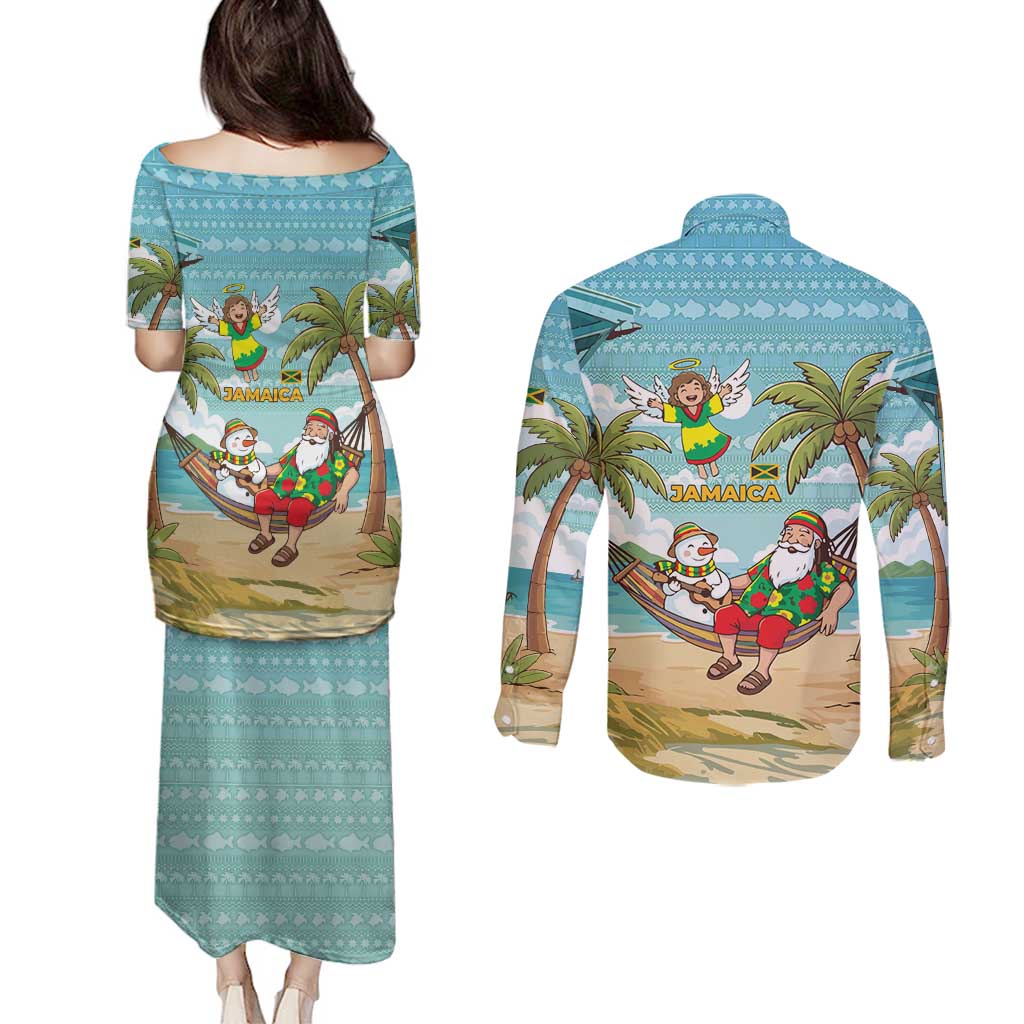 Jamaica Christmas Couples Matching Puletasi and Long Sleeve Button Shirt with Rasta Santa Snowman Hammock Angel Palm Trees and Tropical Beach Design - Wonder Print Shop