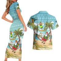 Jamaica Christmas Couples Matching Short Sleeve Bodycon Dress and Hawaiian Shirt with Rasta Santa Snowman Hammock Angel Palm Trees and Tropical Beach Design - Wonder Print Shop