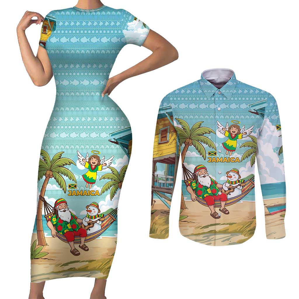 Jamaica Christmas Couples Matching Short Sleeve Bodycon Dress and Long Sleeve Button Shirt with Rasta Santa Snowman Hammock Angel Palm Trees and Tropical Beach Design - Wonder Print Shop