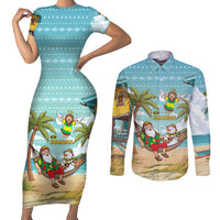 Jamaica Christmas Couples Matching Short Sleeve Bodycon Dress and Long Sleeve Button Shirt with Rasta Santa Snowman Hammock Angel Palm Trees and Tropical Beach Design - Wonder Print Shop