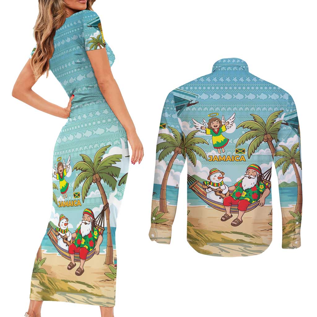Jamaica Christmas Couples Matching Short Sleeve Bodycon Dress and Long Sleeve Button Shirt with Rasta Santa Snowman Hammock Angel Palm Trees and Tropical Beach Design - Wonder Print Shop