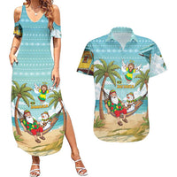 Jamaica Christmas Couples Matching Summer Maxi Dress and Hawaiian Shirt with Rasta Santa Snowman Hammock Angel Palm Trees and Tropical Beach Design - Wonder Print Shop