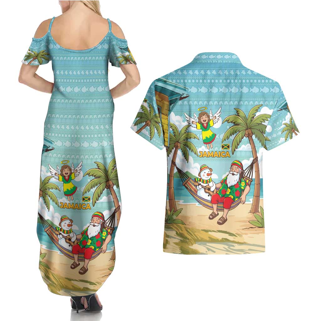 Jamaica Christmas Couples Matching Summer Maxi Dress and Hawaiian Shirt with Rasta Santa Snowman Hammock Angel Palm Trees and Tropical Beach Design - Wonder Print Shop