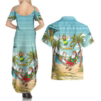 Jamaica Christmas Couples Matching Summer Maxi Dress and Hawaiian Shirt with Rasta Santa Snowman Hammock Angel Palm Trees and Tropical Beach Design - Wonder Print Shop