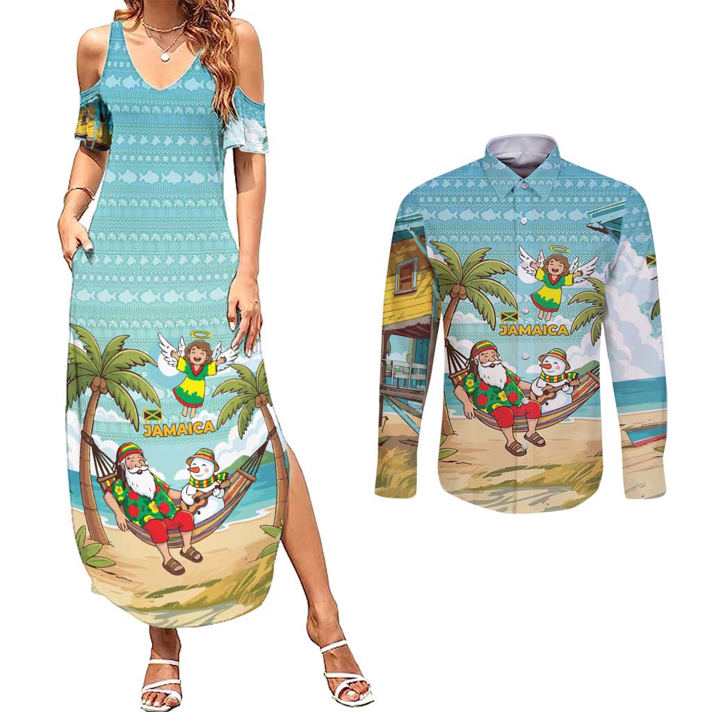 Jamaica Christmas Couples Matching Summer Maxi Dress and Long Sleeve Button Shirt with Rasta Santa Snowman Hammock Angel Palm Trees and Tropical Beach Design - Wonder Print Shop