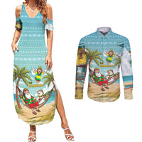 Jamaica Christmas Couples Matching Summer Maxi Dress and Long Sleeve Button Shirt with Rasta Santa Snowman Hammock Angel Palm Trees and Tropical Beach Design - Wonder Print Shop