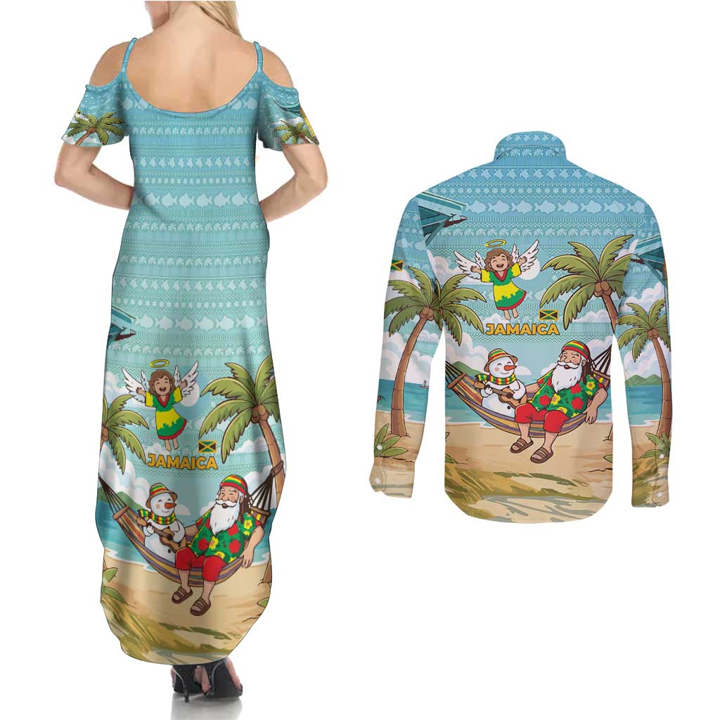 Jamaica Christmas Couples Matching Summer Maxi Dress and Long Sleeve Button Shirt with Rasta Santa Snowman Hammock Angel Palm Trees and Tropical Beach Design - Wonder Print Shop