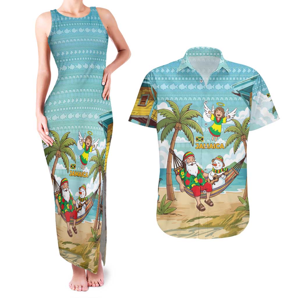 Jamaica Christmas Couples Matching Tank Maxi Dress and Hawaiian Shirt with Rasta Santa Snowman Hammock Angel Palm Trees and Tropical Beach Design - Wonder Print Shop