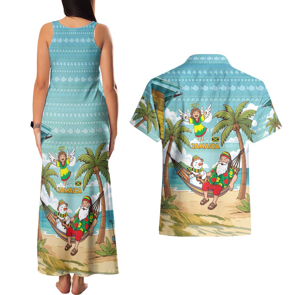 Jamaica Christmas Couples Matching Tank Maxi Dress and Hawaiian Shirt with Rasta Santa Snowman Hammock Angel Palm Trees and Tropical Beach Design - Wonder Print Shop
