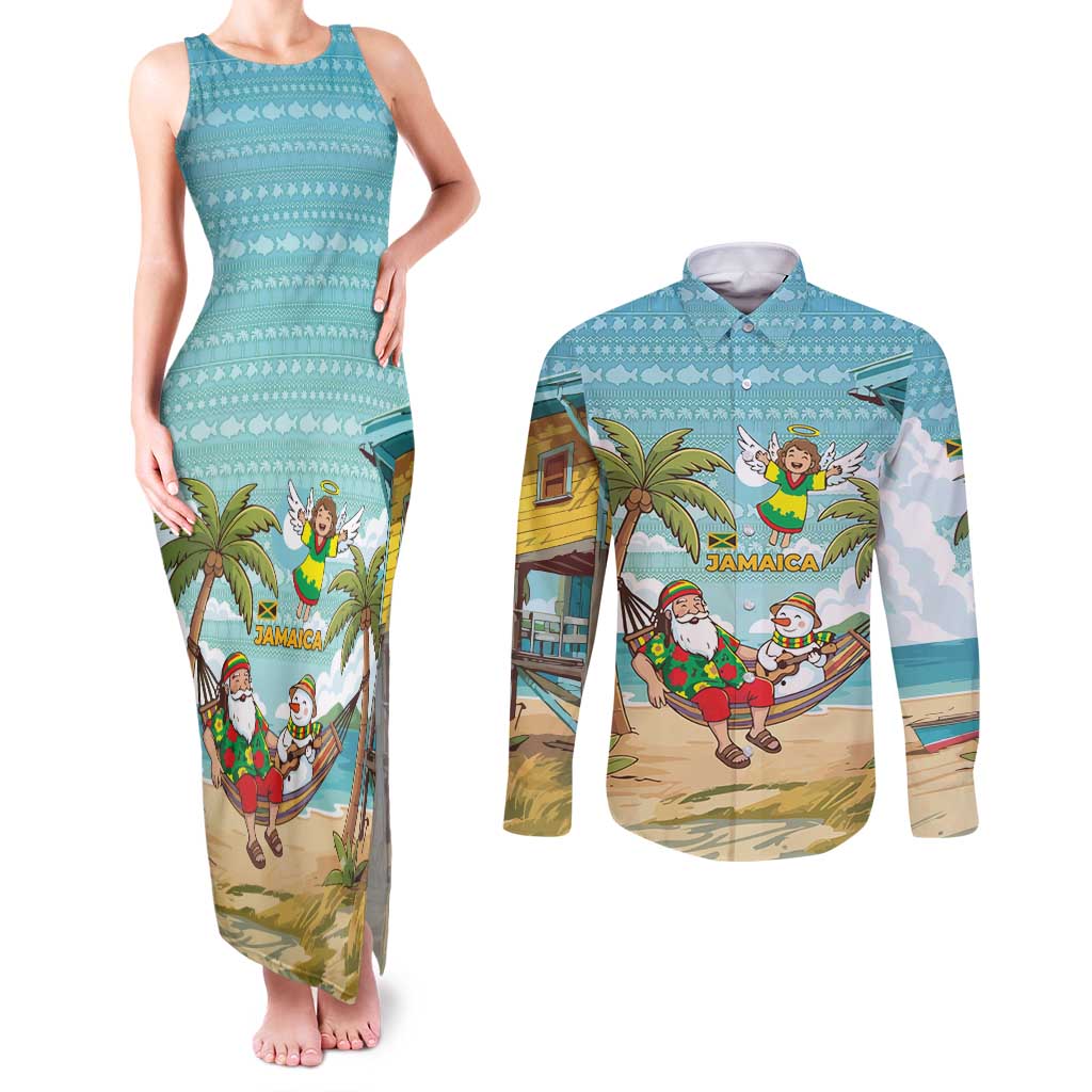 Jamaica Christmas Couples Matching Tank Maxi Dress and Long Sleeve Button Shirt with Rasta Santa Snowman Hammock Angel Palm Trees and Tropical Beach Design - Wonder Print Shop