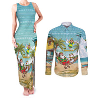 Jamaica Christmas Couples Matching Tank Maxi Dress and Long Sleeve Button Shirt with Rasta Santa Snowman Hammock Angel Palm Trees and Tropical Beach Design - Wonder Print Shop