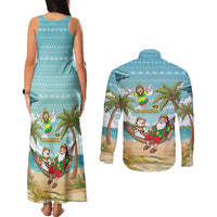 Jamaica Christmas Couples Matching Tank Maxi Dress and Long Sleeve Button Shirt with Rasta Santa Snowman Hammock Angel Palm Trees and Tropical Beach Design - Wonder Print Shop