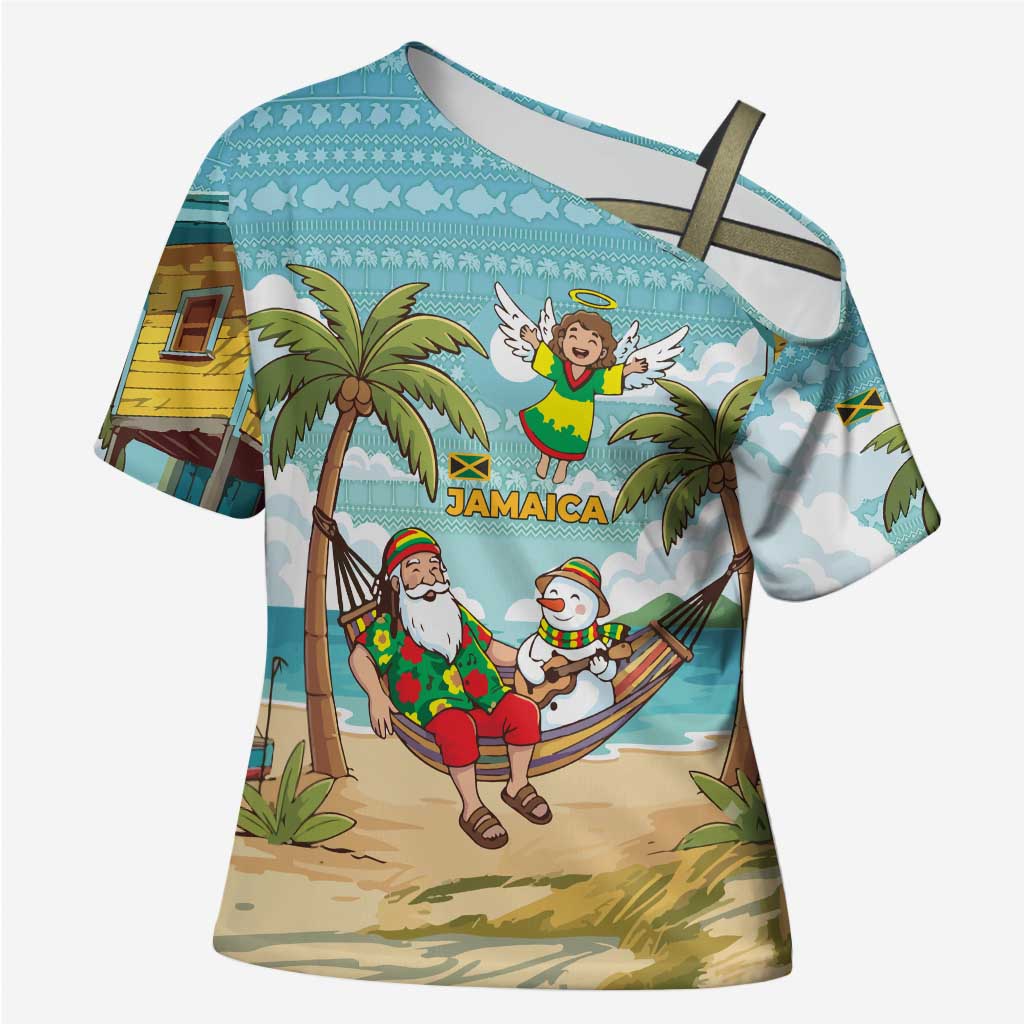Jamaica Christmas Cross Shoulder Shirt with Rasta Santa Snowman Hammock Angel Palm Trees and Tropical Beach Design - Wonder Print Shop