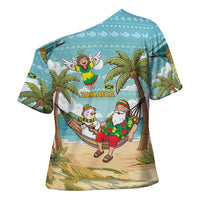 Jamaica Christmas Cross Shoulder Shirt with Rasta Santa Snowman Hammock Angel Palm Trees and Tropical Beach Design - Wonder Print Shop