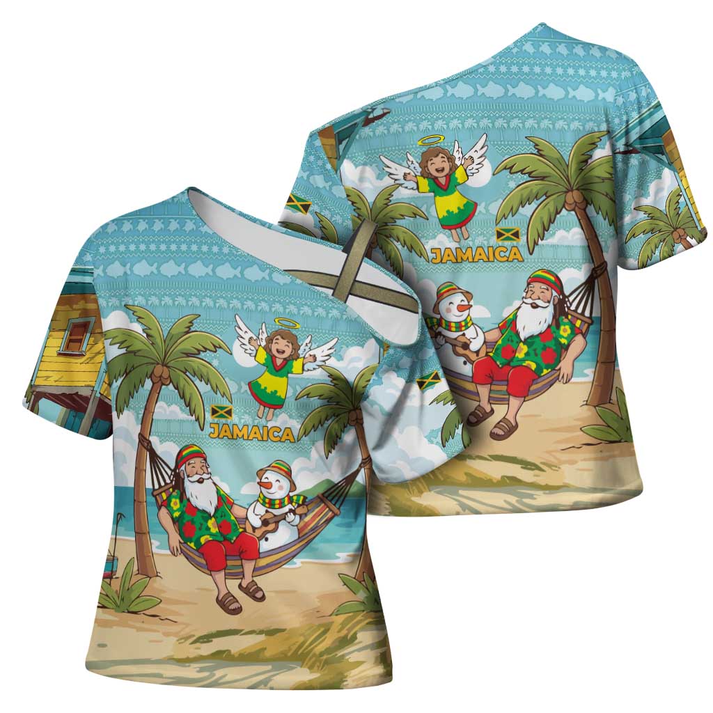 Jamaica Christmas Cross Shoulder Shirt with Rasta Santa Snowman Hammock Angel Palm Trees and Tropical Beach Design - Wonder Print Shop
