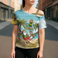 Jamaica Christmas Cross Shoulder Shirt with Rasta Santa Snowman Hammock Angel Palm Trees and Tropical Beach Design - Wonder Print Shop